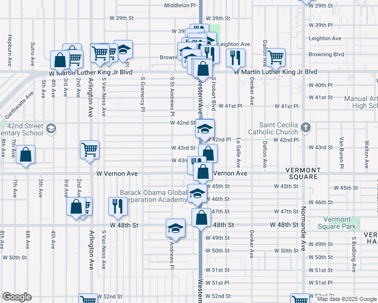 map of restaurants, bars, coffee shops, grocery stores, and more near 1724 West 43rd Street in Los Angeles