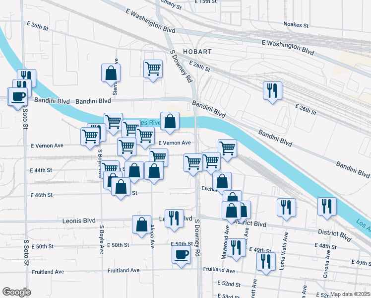 map of restaurants, bars, coffee shops, grocery stores, and more near 4317 South Downey Road in Vernon