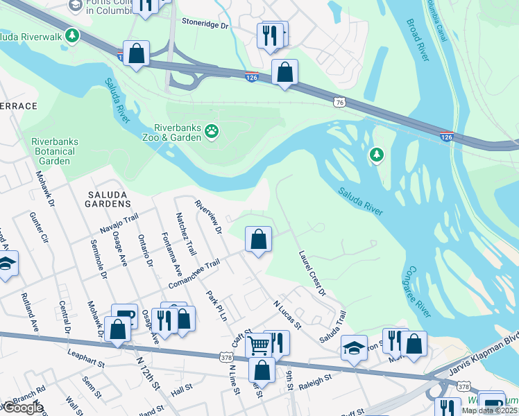 map of restaurants, bars, coffee shops, grocery stores, and more near 112 Edgewater Lane in West Columbia
