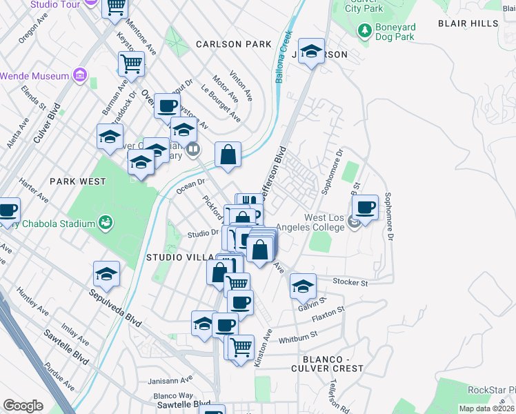 map of restaurants, bars, coffee shops, grocery stores, and more near Jefferson Blvd & Summertime Ln in Culver City