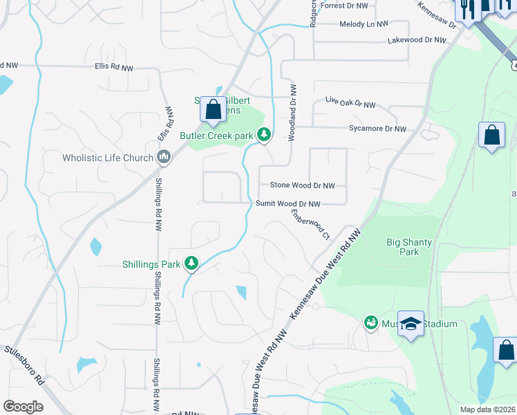 map of restaurants, bars, coffee shops, grocery stores, and more near 6040 Sumit Wood Drive Northwest in Kennesaw
