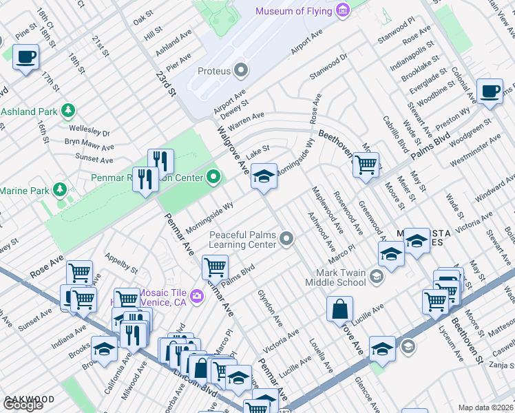 map of restaurants, bars, coffee shops, grocery stores, and more near 1365 Appleton Way in Los Angeles