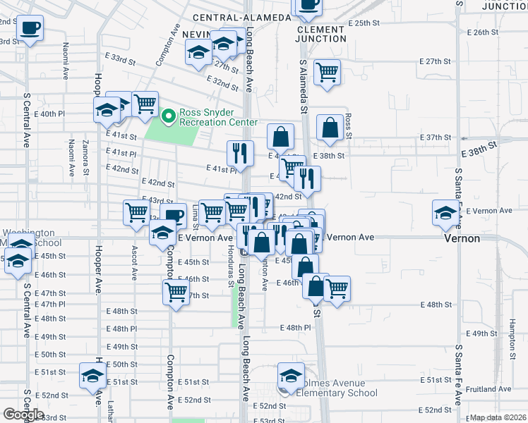 map of restaurants, bars, coffee shops, grocery stores, and more near 1739 East 43rd Street in Los Angeles