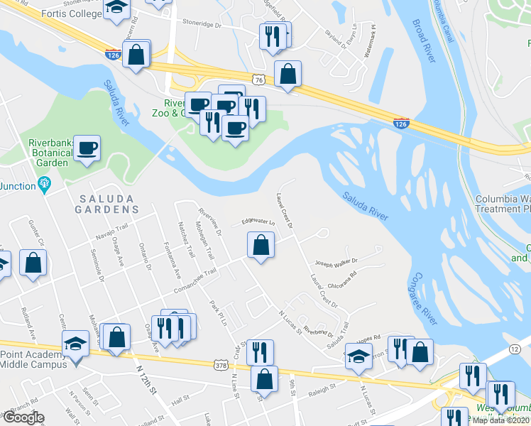 map of restaurants, bars, coffee shops, grocery stores, and more near 124 Edgewater Lane in West Columbia