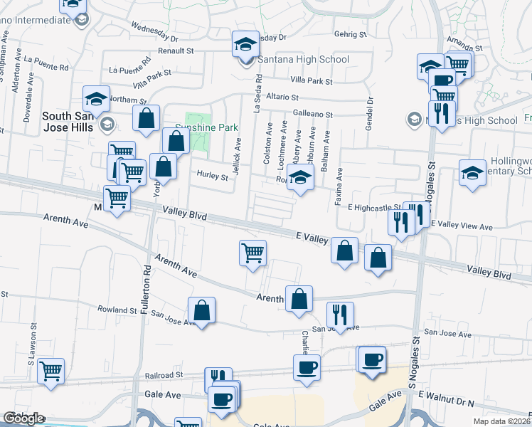 map of restaurants, bars, coffee shops, grocery stores, and more near 650 La Seda Road in La Puente