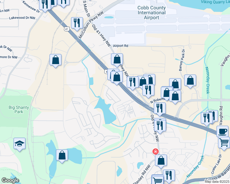 map of restaurants, bars, coffee shops, grocery stores, and more near 1933 Lake Heights Circle Northwest in Kennesaw