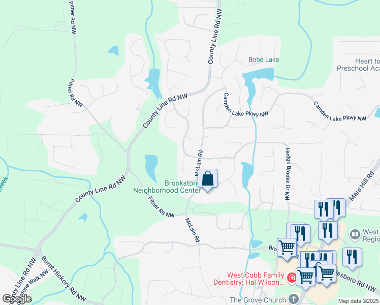 map of restaurants, bars, coffee shops, grocery stores, and more near 5602 Hollowbrooke Lane Northwest in Acworth