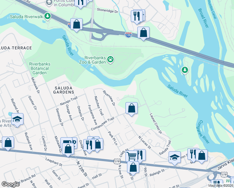 map of restaurants, bars, coffee shops, grocery stores, and more near 633 Edgewater Lane in West Columbia