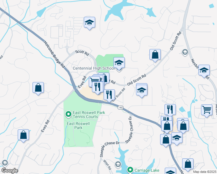 map of restaurants, bars, coffee shops, grocery stores, and more near 2342 Holcomb Bridge Road in Roswell