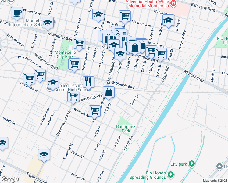 map of restaurants, bars, coffee shops, grocery stores, and more near 712 West Roosevelt Avenue in Montebello