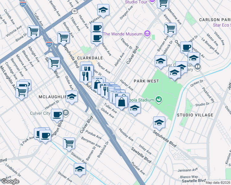 map of restaurants, bars, coffee shops, grocery stores, and more near 11151 Wagner Street in Culver City