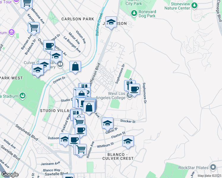 map of restaurants, bars, coffee shops, grocery stores, and more near 5001 Stoney Creek Road in Culver City