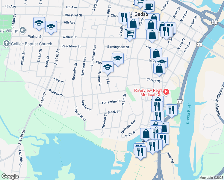 map of restaurants, bars, coffee shops, grocery stores, and more near 710 Randall Street in Gadsden