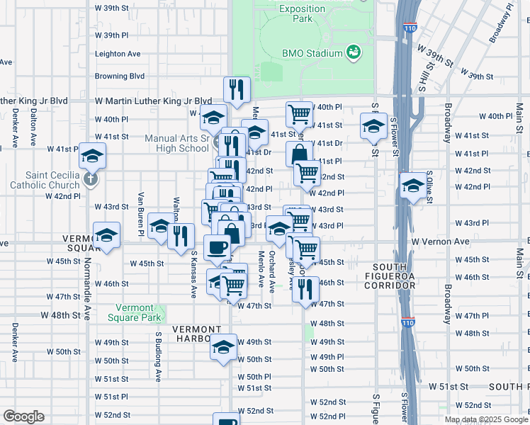 map of restaurants, bars, coffee shops, grocery stores, and more near 868 West 43rd Street in Los Angeles