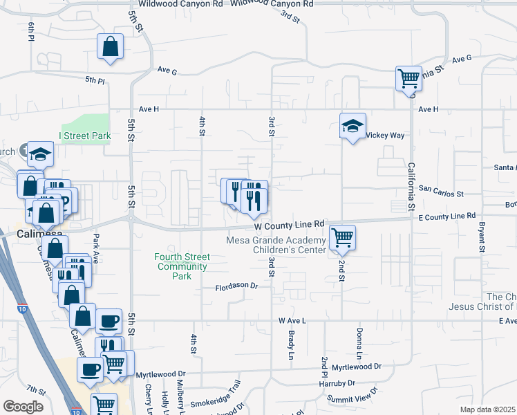 map of restaurants, bars, coffee shops, grocery stores, and more near 34662 Turner Lane in Yucaipa