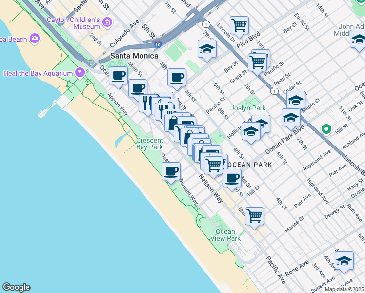 map of restaurants, bars, coffee shops, grocery stores, and more near 126 Pacific Street in Santa Monica