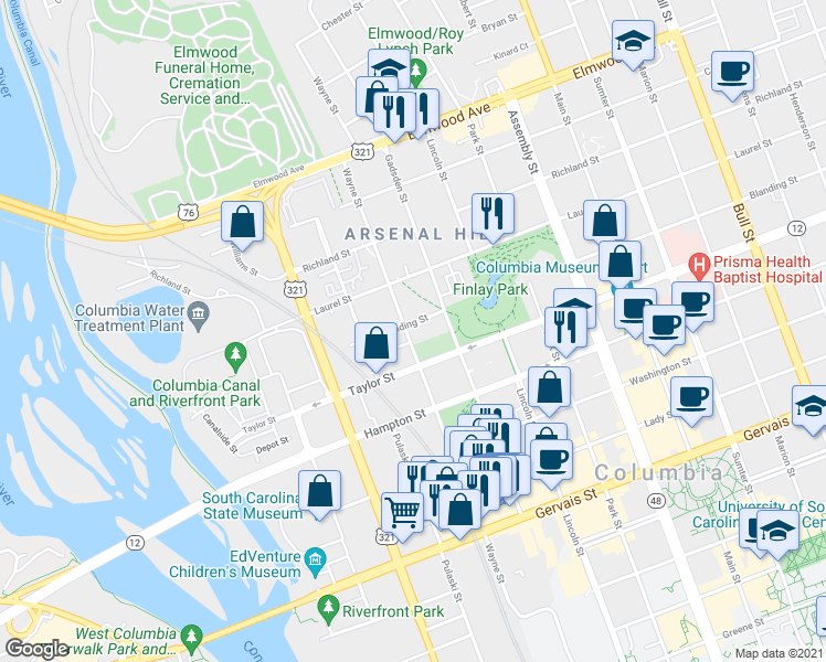 map of restaurants, bars, coffee shops, grocery stores, and more near 700 Blanding Street in Columbia