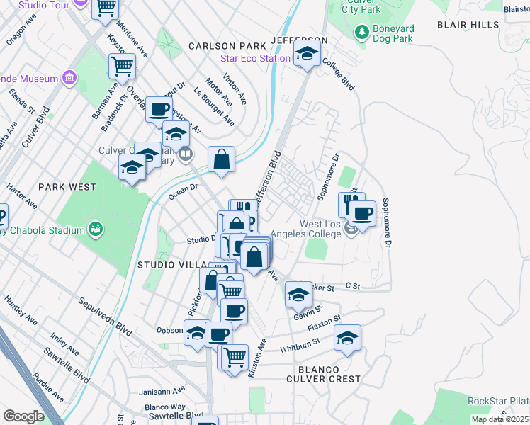 map of restaurants, bars, coffee shops, grocery stores, and more near 12310 Summertime Lane in Culver City