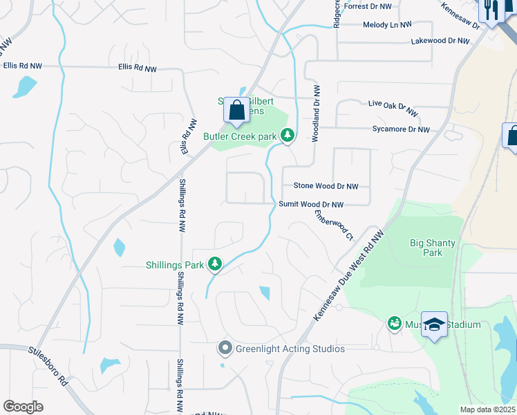 map of restaurants, bars, coffee shops, grocery stores, and more near 6000 Sumit Wood Drive Northwest in Kennesaw