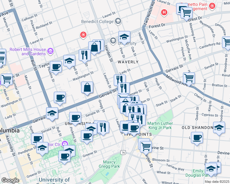 map of restaurants, bars, coffee shops, grocery stores, and more near 1122 Laurens Street in Columbia
