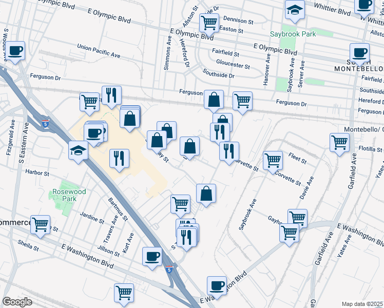 map of restaurants, bars, coffee shops, grocery stores, and more near 5901 Triumph Street in Commerce