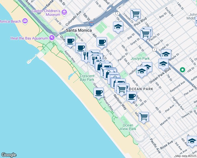 map of restaurants, bars, coffee shops, grocery stores, and more near 125 Pacific Street in Santa Monica