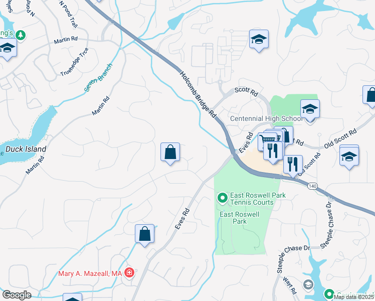 map of restaurants, bars, coffee shops, grocery stores, and more near 535 Silver Pine Trail in Roswell