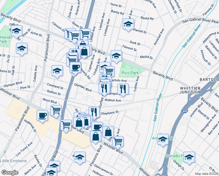 map of restaurants, bars, coffee shops, grocery stores, and more near 9314 Beverly Road in Pico Rivera