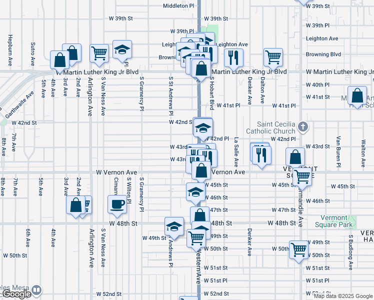 map of restaurants, bars, coffee shops, grocery stores, and more near 1724 West 43rd Street in Los Angeles