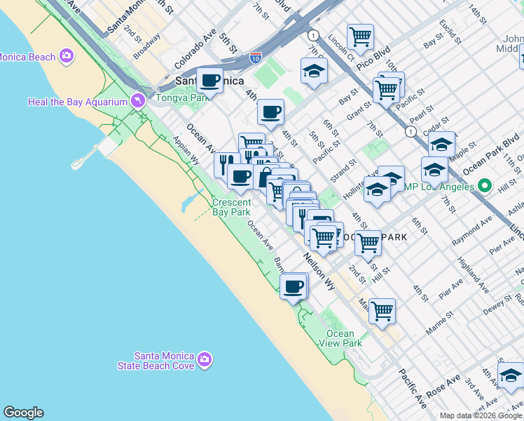 map of restaurants, bars, coffee shops, grocery stores, and more near 125 Pacific Street in Santa Monica