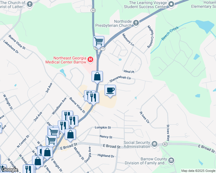 map of restaurants, bars, coffee shops, grocery stores, and more near 35 Shenandoah Drive in Winder