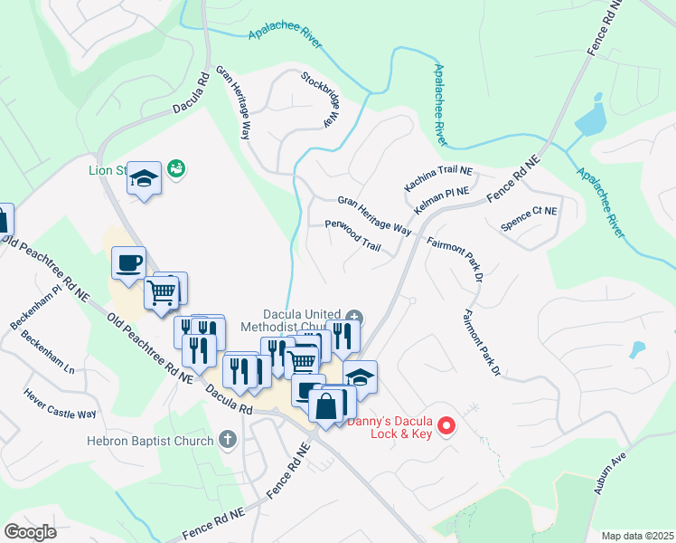 map of restaurants, bars, coffee shops, grocery stores, and more near 2520 Legend Mill Run in Dacula