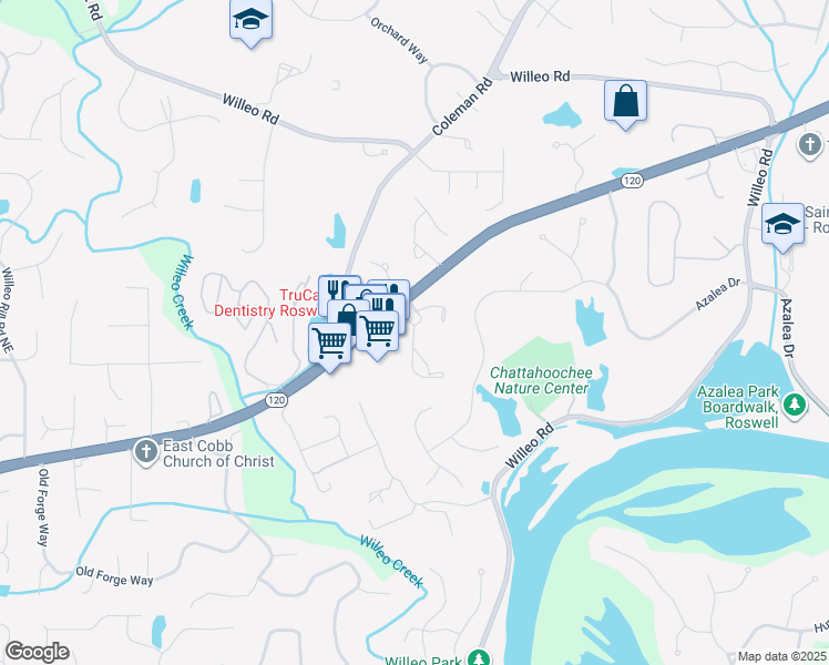 map of restaurants, bars, coffee shops, grocery stores, and more near 2028 Merrimont Way in Roswell