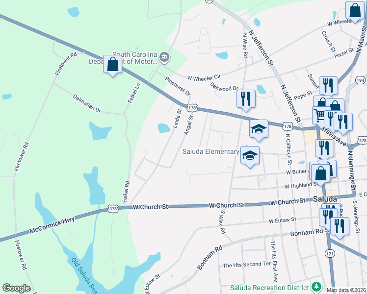map of restaurants, bars, coffee shops, grocery stores, and more near 117 Angel Street in Saluda