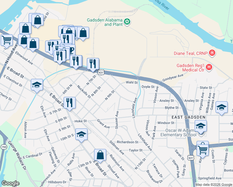 map of restaurants, bars, coffee shops, grocery stores, and more near 909 Lay Street in Gadsden
