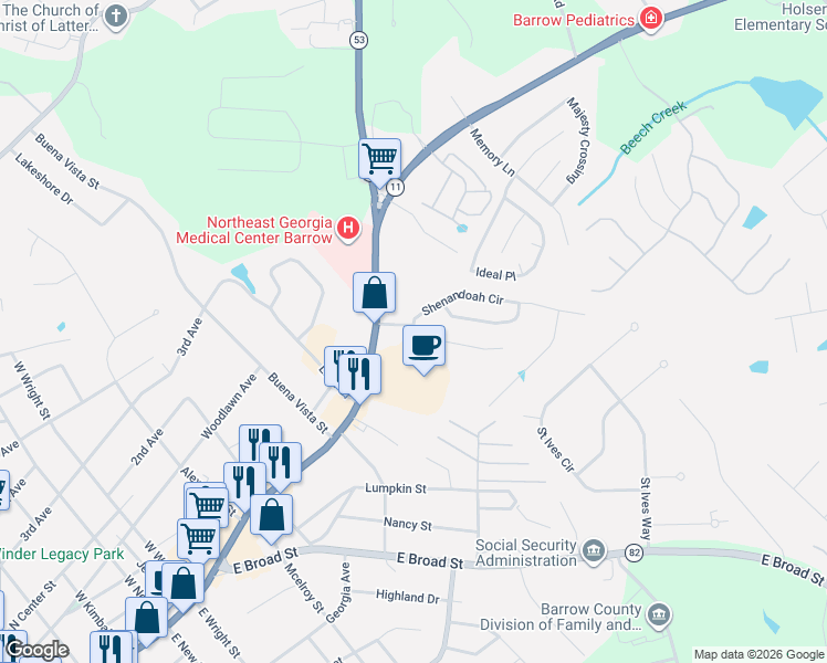 map of restaurants, bars, coffee shops, grocery stores, and more near 295 North Broad Street in Winder