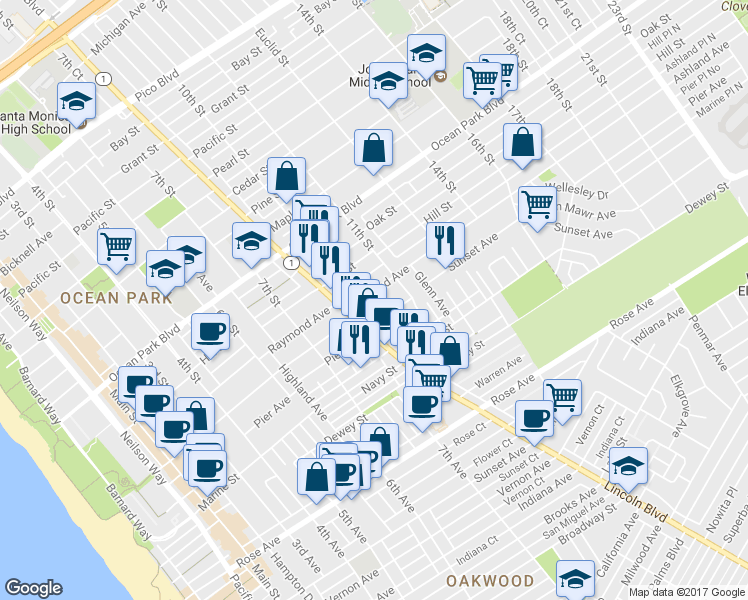 map of restaurants, bars, coffee shops, grocery stores, and more near 836 Ashland Avenue in Santa Monica