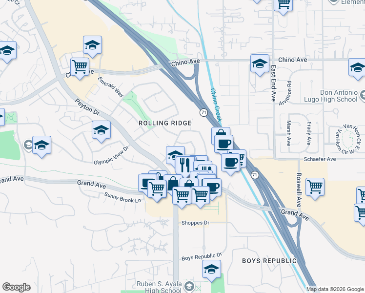 map of restaurants, bars, coffee shops, grocery stores, and more near 3360 Silvertip Road in Chino Hills