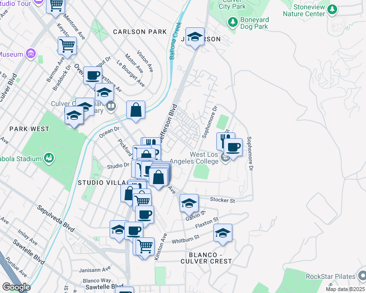 map of restaurants, bars, coffee shops, grocery stores, and more near 3000 Summertime Lane in Culver City