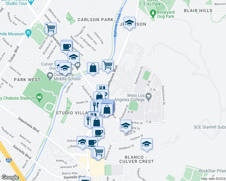 map of restaurants, bars, coffee shops, grocery stores, and more near 11000 Summertime Lane in Culver City