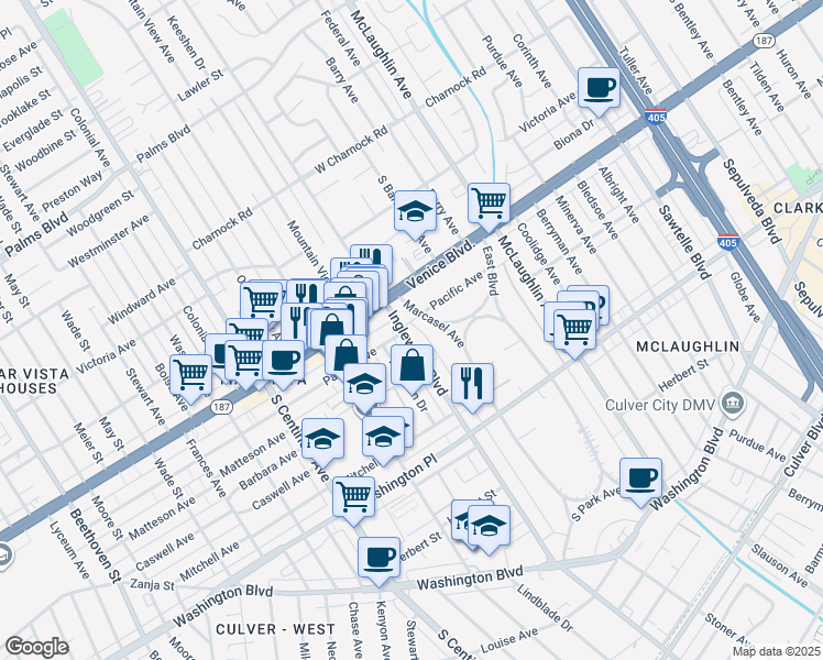 map of restaurants, bars, coffee shops, grocery stores, and more near 3845 Inglewood Boulevard in Los Angeles