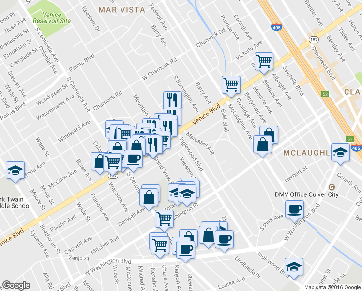 map of restaurants, bars, coffee shops, grocery stores, and more near 3845 Inglewood Boulevard in Los Angeles