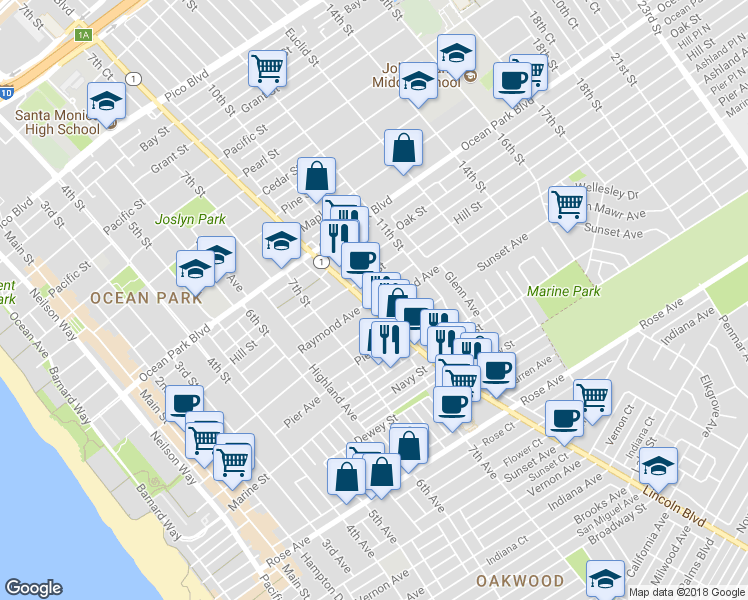 map of restaurants, bars, coffee shops, grocery stores, and more near 810 Ashland Avenue in Santa Monica