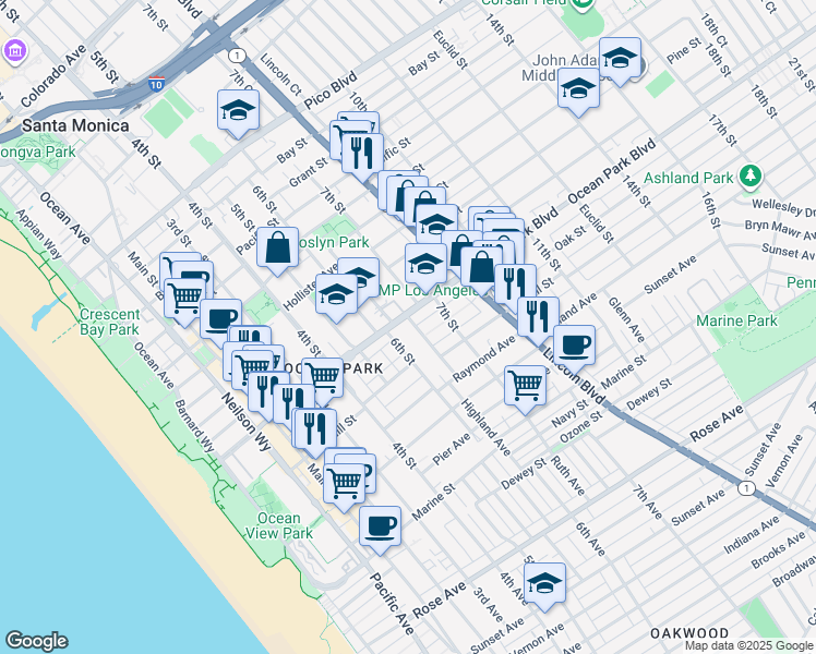 map of restaurants, bars, coffee shops, grocery stores, and more near 2613 6th Street in Santa Monica