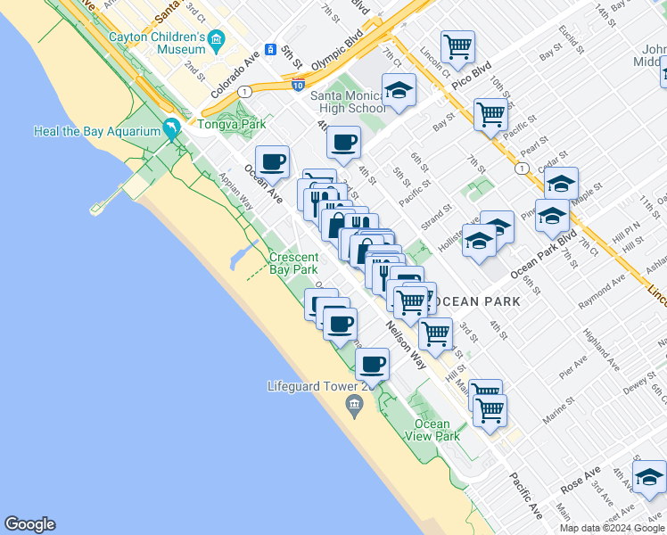 map of restaurants, bars, coffee shops, grocery stores, and more near 126 Pacific Street in Santa Monica