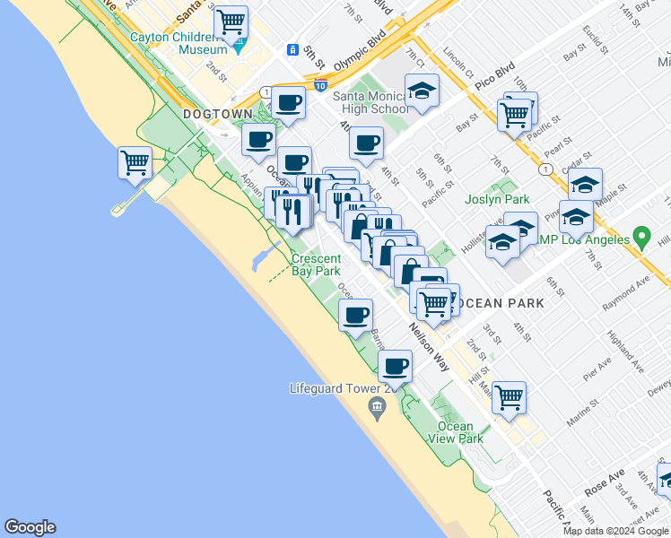 map of restaurants, bars, coffee shops, grocery stores, and more near 2100 Ocean Avenue in Santa Monica