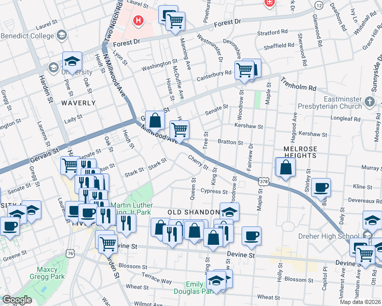 map of restaurants, bars, coffee shops, grocery stores, and more near 2549 Cherry Street in Columbia