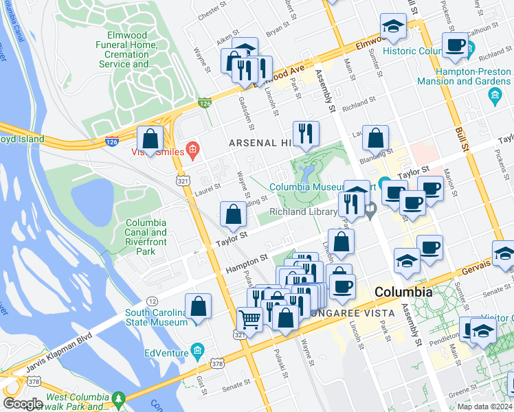 map of restaurants, bars, coffee shops, grocery stores, and more near 626 Blanding Street in Columbia