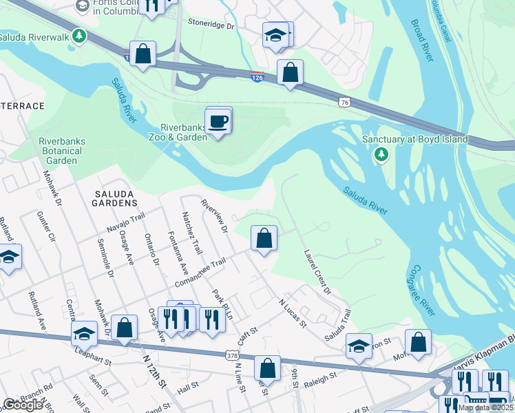 map of restaurants, bars, coffee shops, grocery stores, and more near 112 Edgewater Lane in West Columbia