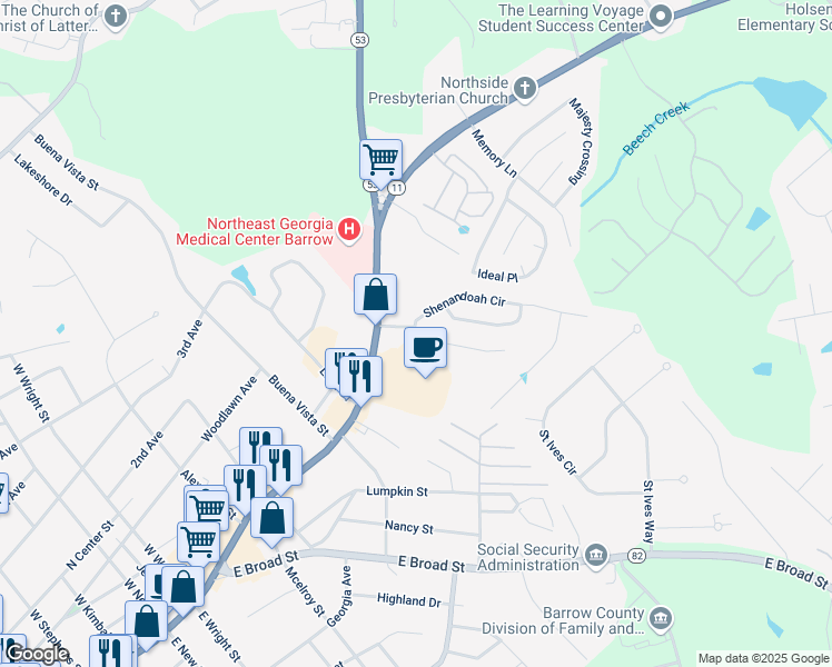 map of restaurants, bars, coffee shops, grocery stores, and more near 35 Shenandoah Drive in Winder